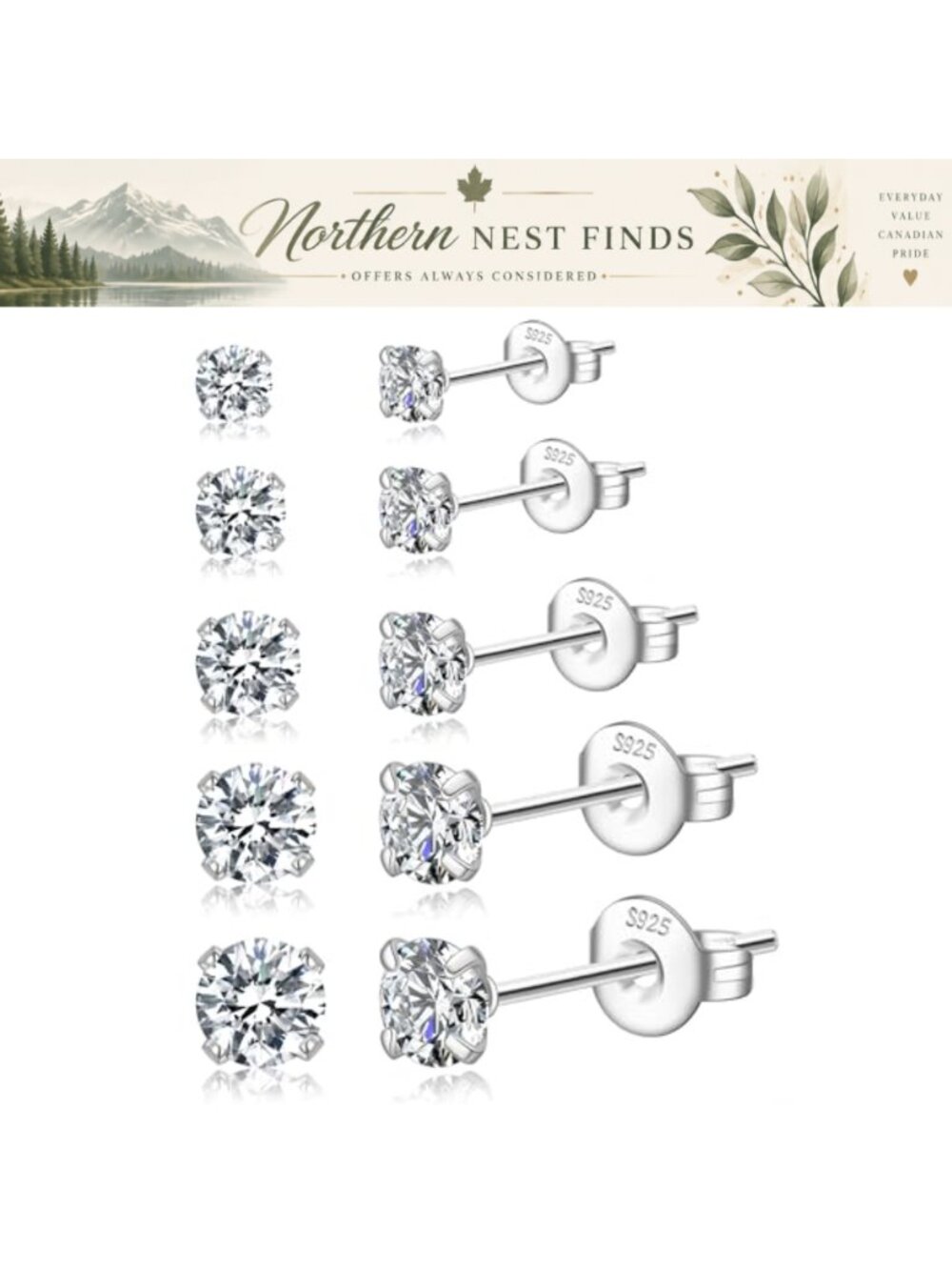 Cubic Zirconia Stud Earrings Set 5 Pairs Sterling Silver Plated